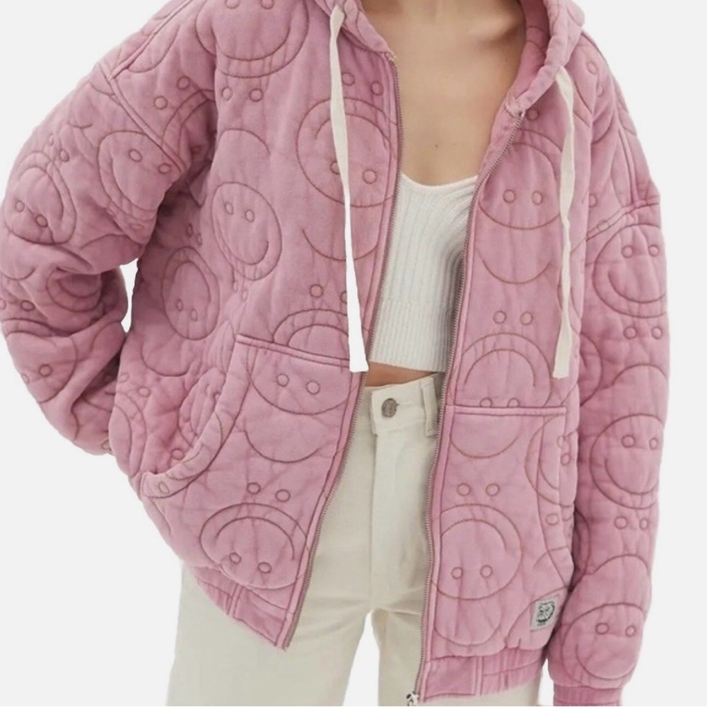 BDG Urban Outfitters Pink Quilted Smiley Face Zip Hoodie Y2K Small